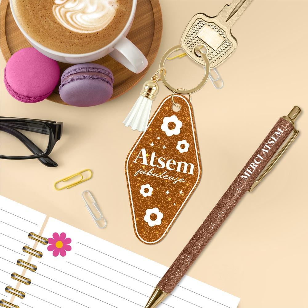 Duo paillettes porte-cles motel et stylo atsem fabuleuse