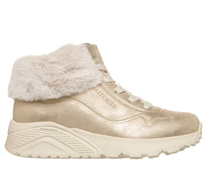 Skechers UNO Lite Cute Fur You Gold, vue de face en situation