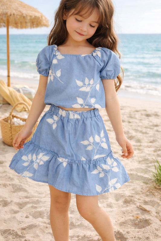 🌸 Ensemble été fille – Jupe & Top à motif feuilles