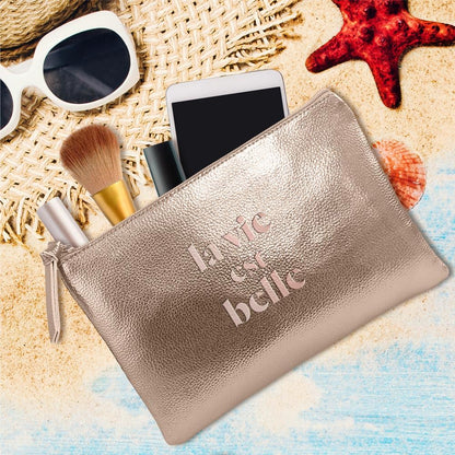 Sac pochette metal rose dore La Vie est belle